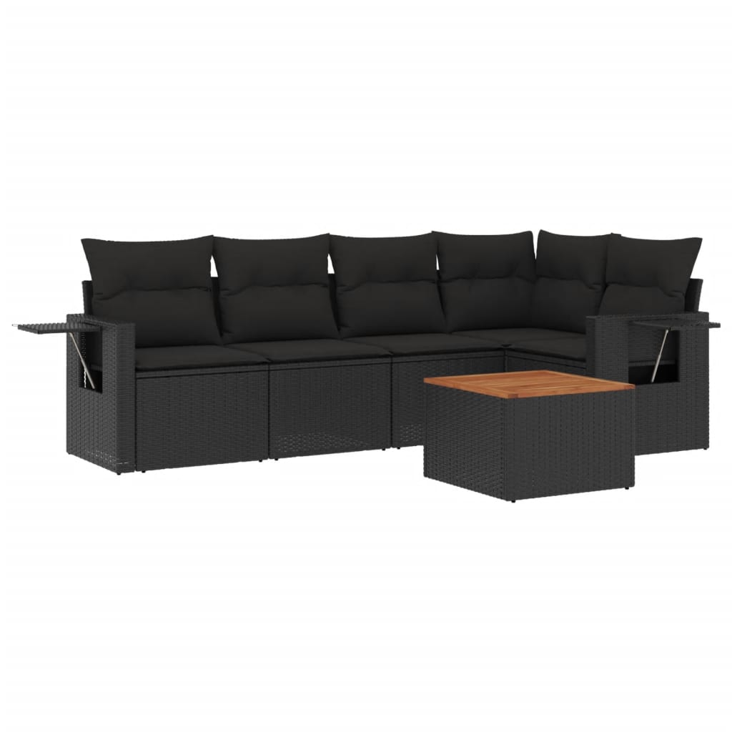 Salotto modulare nero in rattan PE, 6 pezzi con cuscini