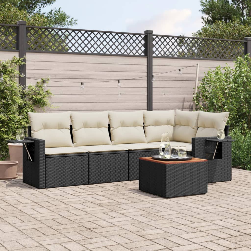 Salottino da esterno 6 pz in polyrattan nero con cuscini