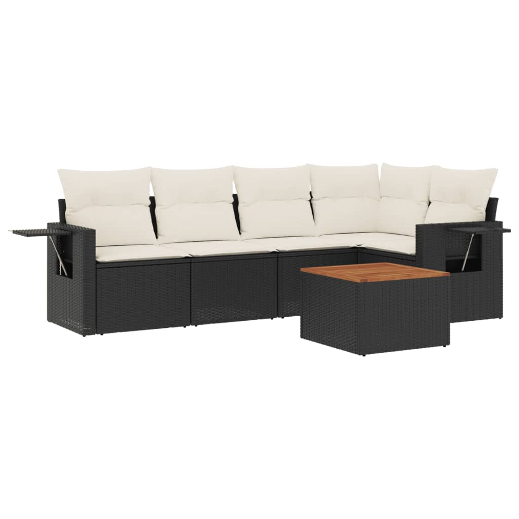 Salottino da esterno 6 pz in polyrattan nero con cuscini