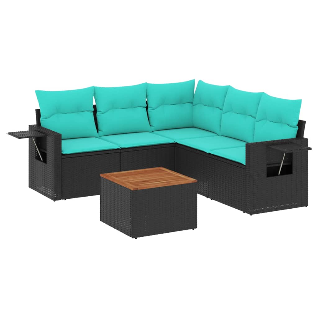 Set Polyrattan Nero 6 pz con Cuscini Blu per Terrazzo