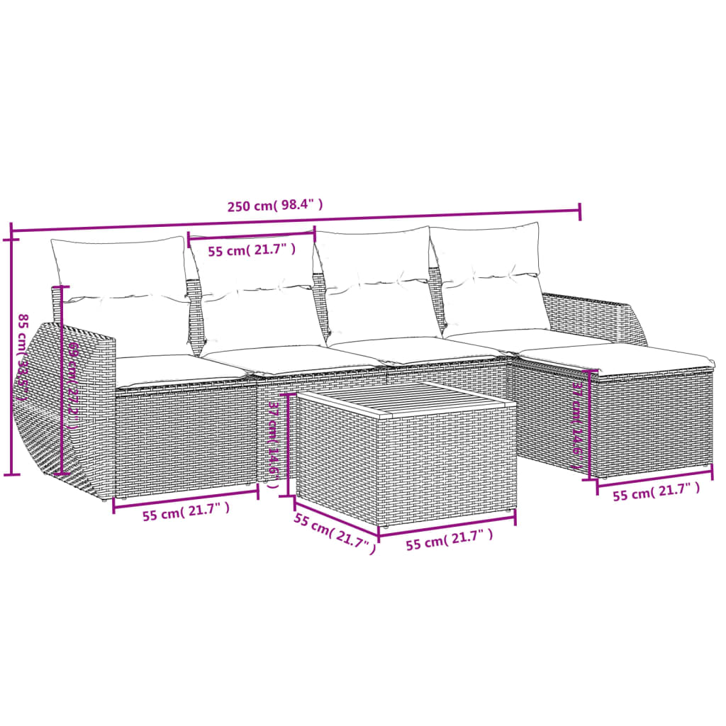 Set Divano da Giardino 6 pz con Cuscini Beige in Polyrattan
