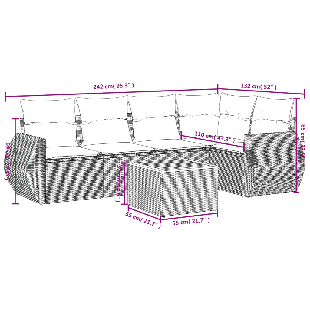 Set Divano da Giardino 6 pz con Cuscini Nero in Polyrattan