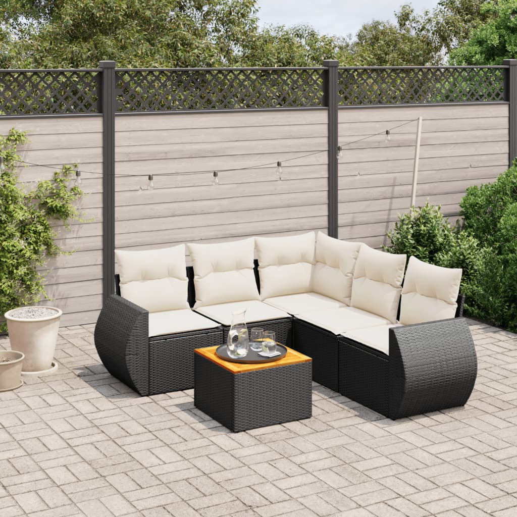 Set Divano da Giardino 6 pz con Cuscini Nero in Polyrattan