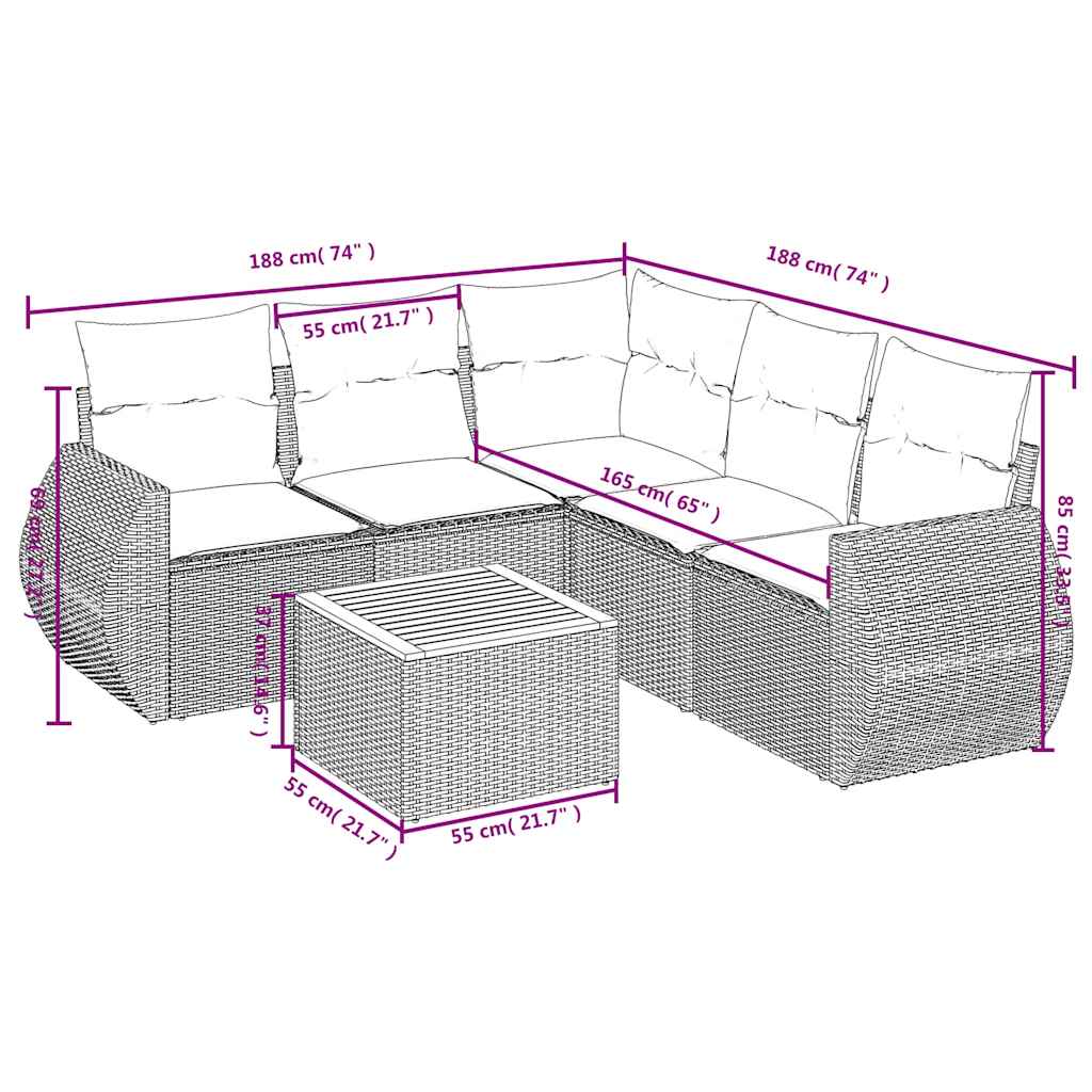 Set Divani da Giardino 6 pz con Cuscini Nero in Polyrattan