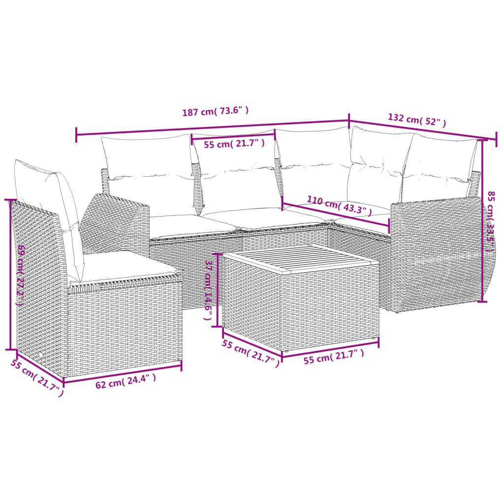 Set Divano da Giardino 6 pz con Cuscini Nero in Polyrattan