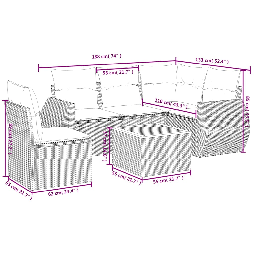 Set Divani da Giardino 6 pz con Cuscini Nero in Polyrattan