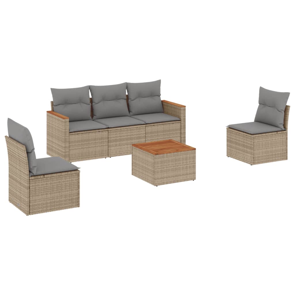 Salotto da giardino 6 pz in rattan PE beige con cuscini grigi