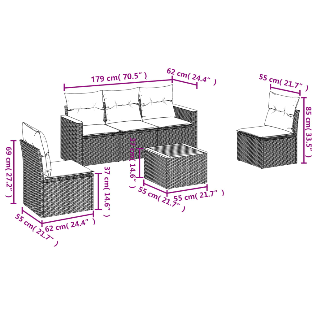 Salotto da giardino 6 pz in rattan PE beige con cuscini grigi