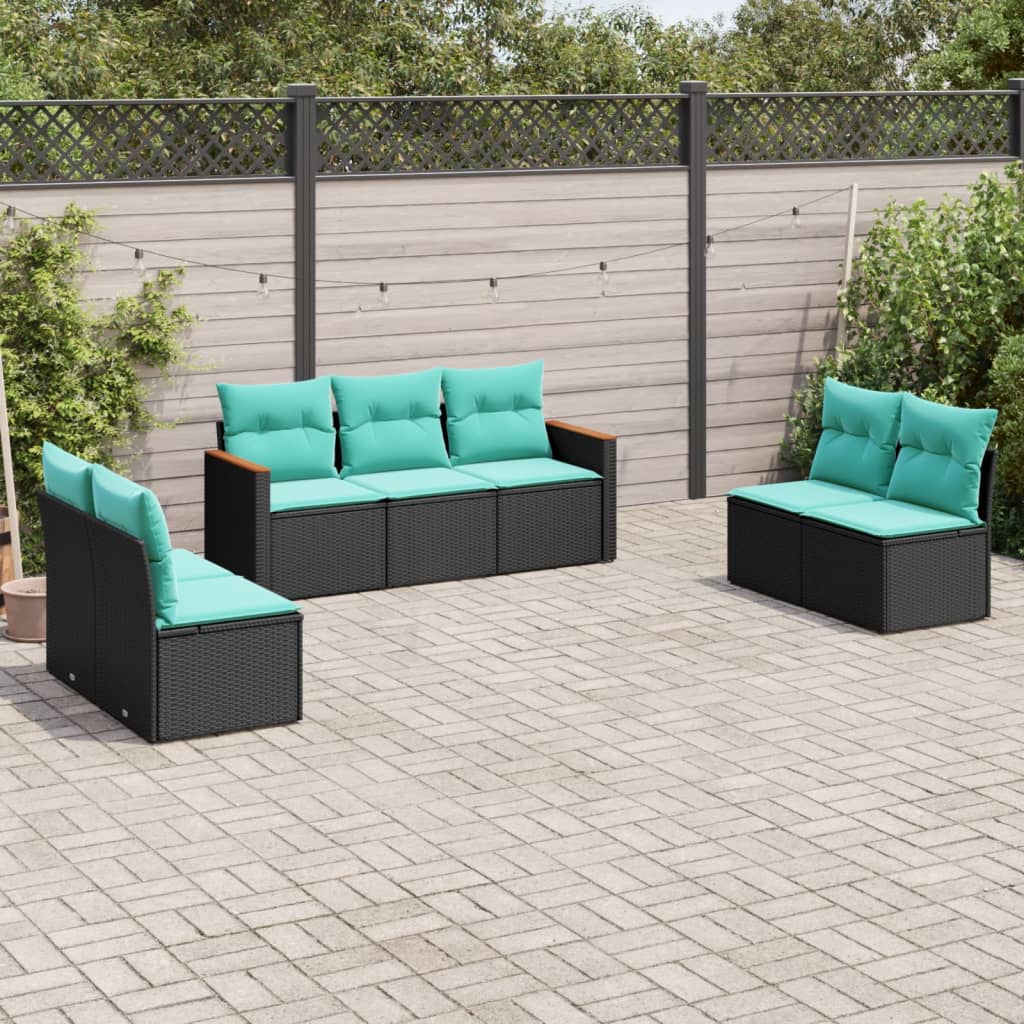 Set Divani da Giardino 7 pz con Cuscini Nero in Polyrattan