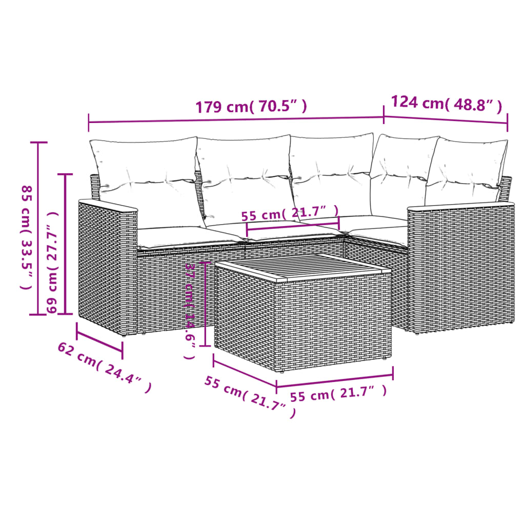 Set Divano da Giardino 5 pz con Cuscini Beige Misto Polyrattan