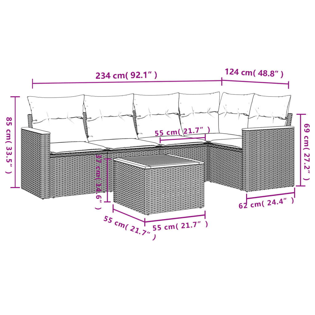 Set Divani da Giardino 6 pz con Cuscini Nero in Polyrattan
