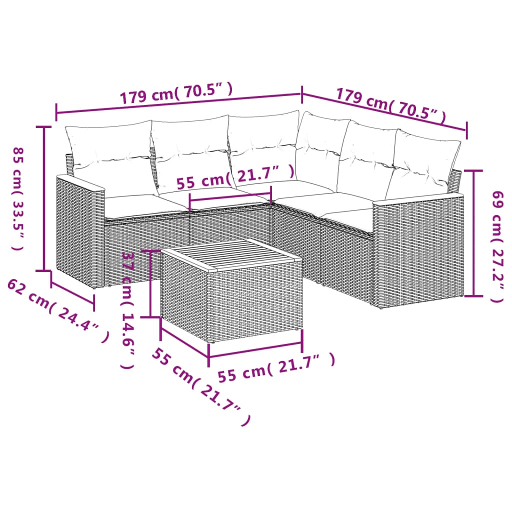 Set Divani da Giardino 6 pz con Cuscini Nero in Polyrattan