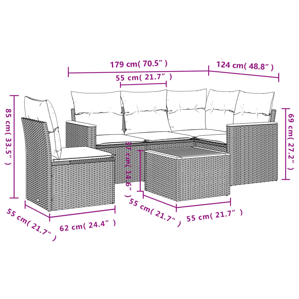 Set Divani da Giardino 6 pz con Cuscini Nero in Polyrattan