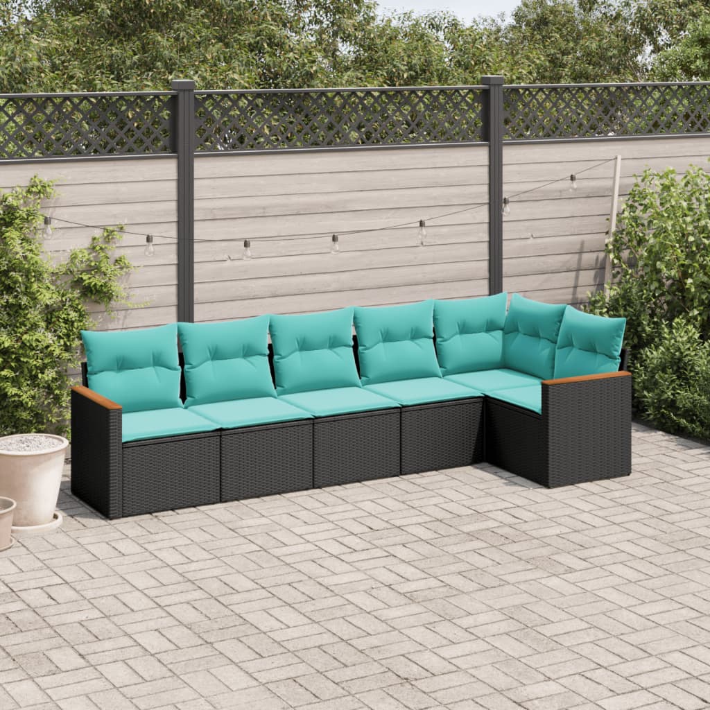 Set Divani da Giardino 6 pz con Cuscini Nero in Polyrattan