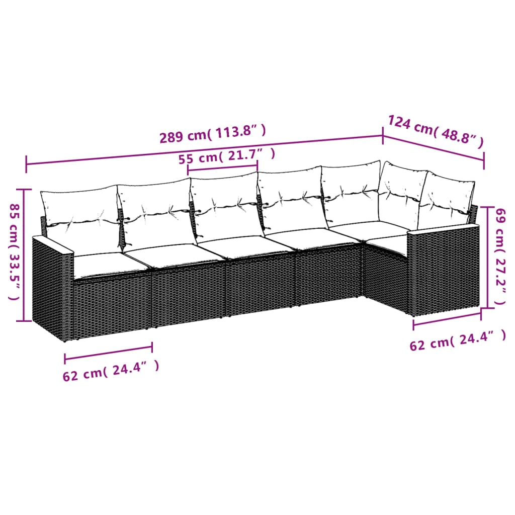 Set Divani da Giardino 6 pz con Cuscini Nero in Polyrattan
