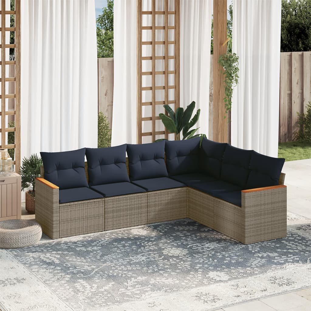 Salotto da giardino rattan PE grigio 6 pz con cuscini blu