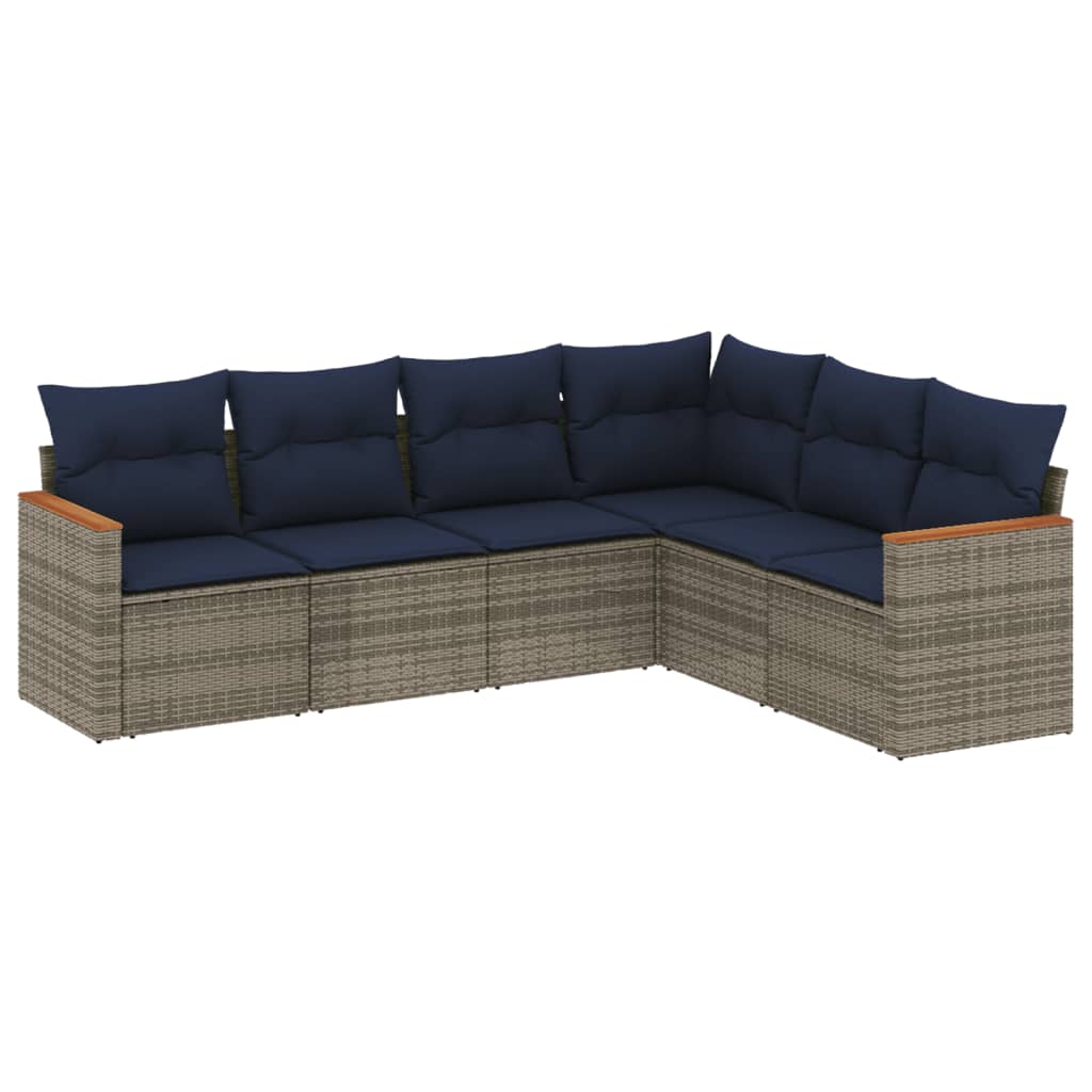 Salotto da giardino rattan PE grigio 6 pz con cuscini blu