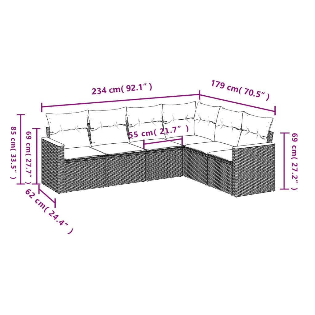 Salotto da giardino rattan PE grigio 6 pz con cuscini blu