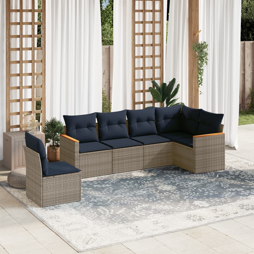 Salottino da Esterno 6 pz in Rattan PE Grigio con Cuscini