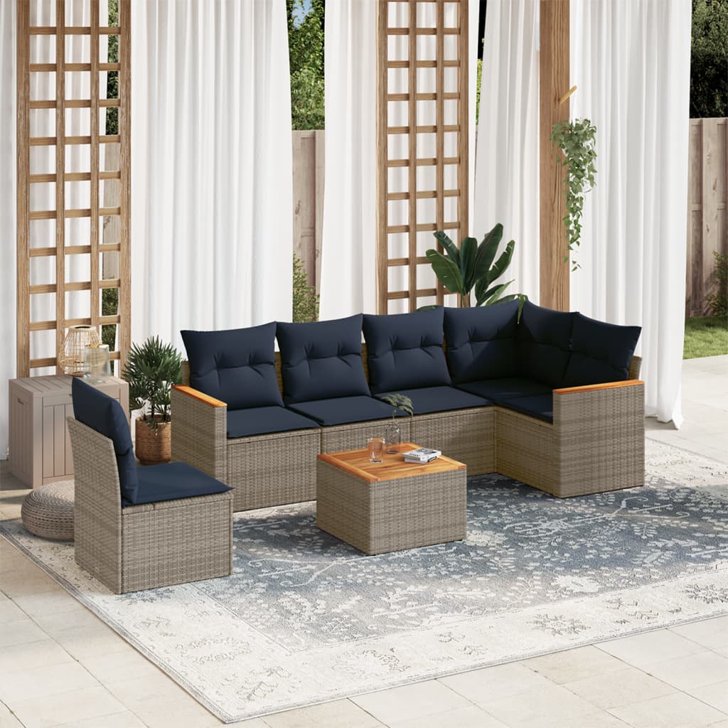 Set Salotto Polyrattan Grigio 7 Pezzi con Cuscini Blu Navy
