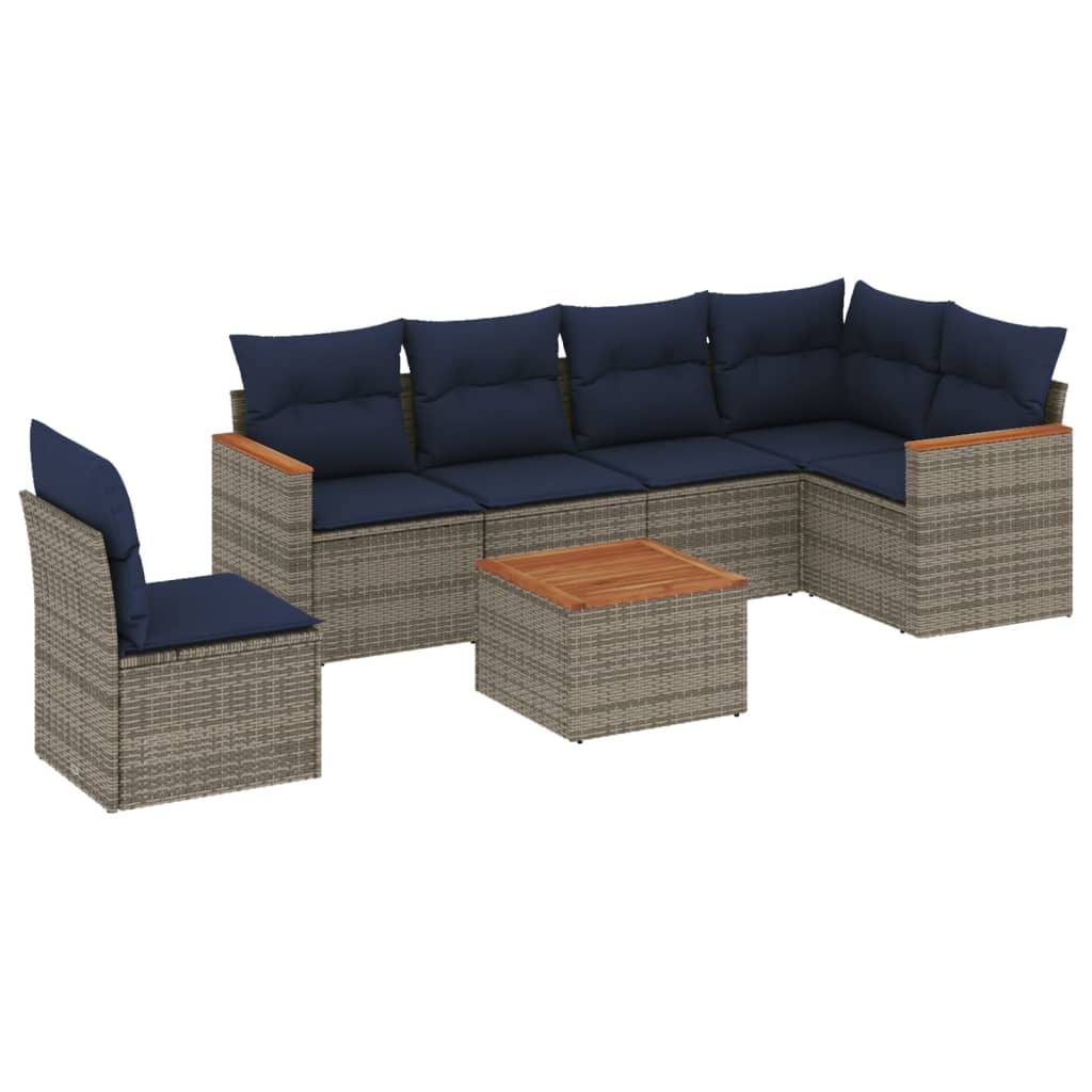 Set Salotto Polyrattan Grigio 7 Pezzi con Cuscini Blu Navy