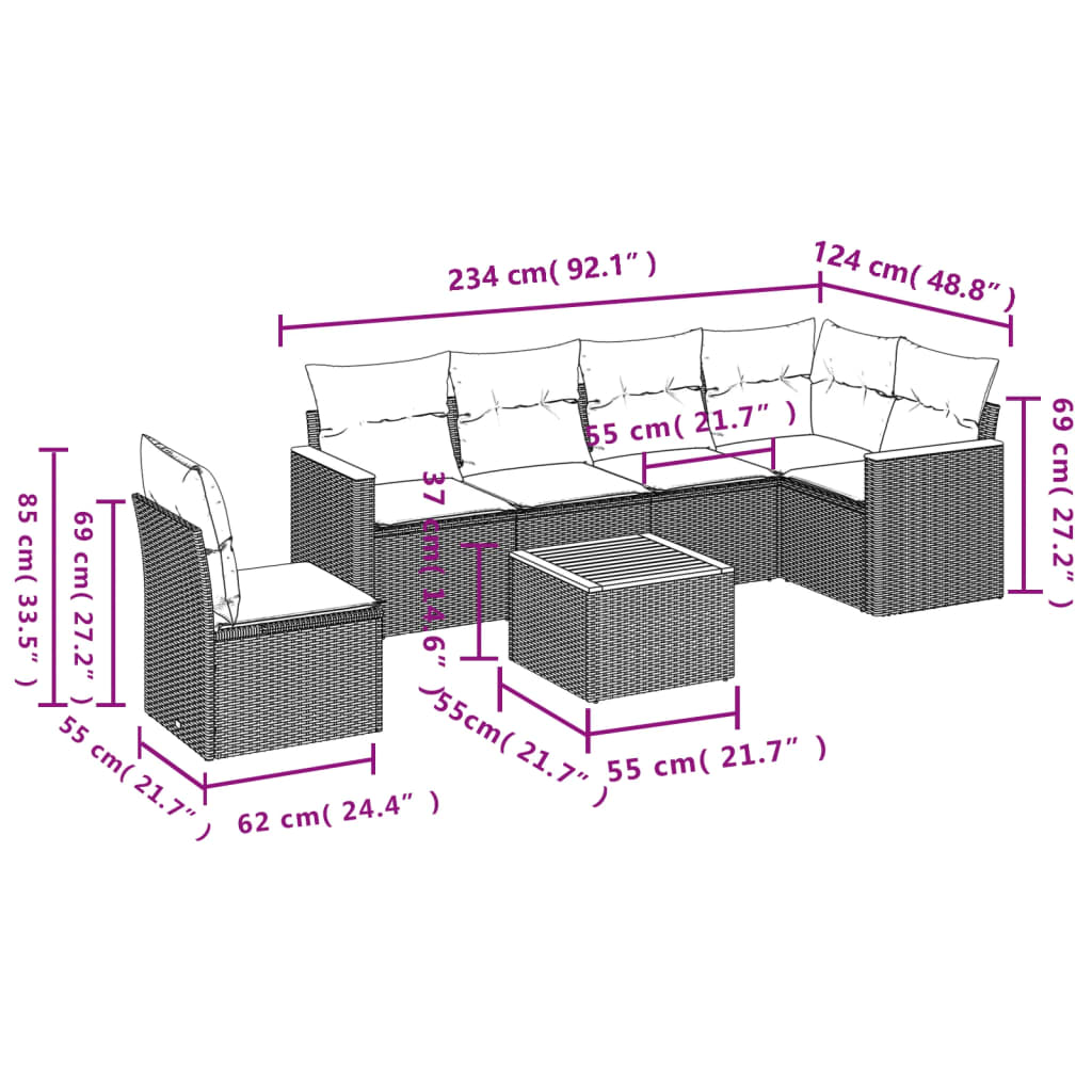 Set Salotto Polyrattan Grigio 7 Pezzi con Cuscini Blu Navy