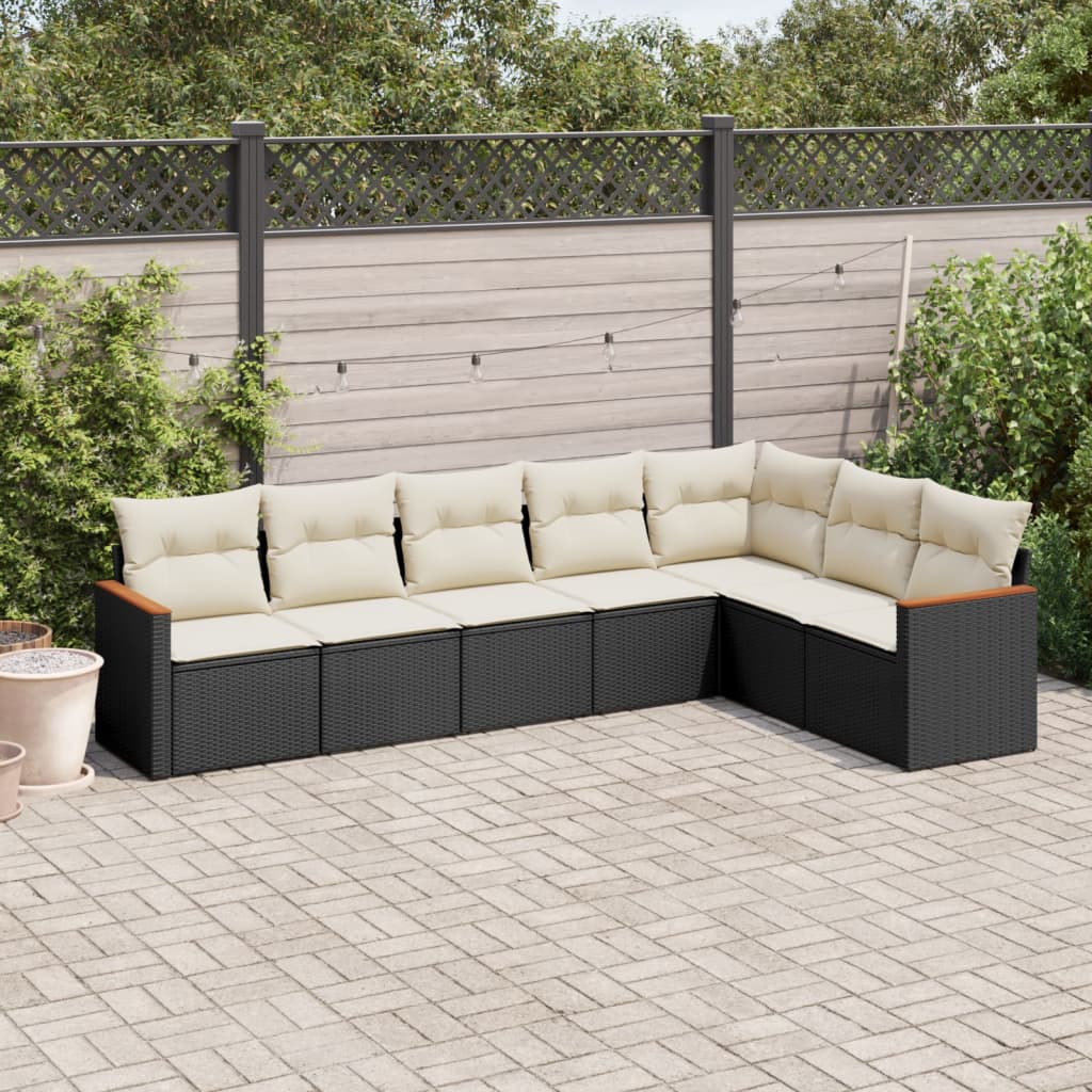 Salotto da Giardino 7 Pezzi Polyrattan Nero e Crema