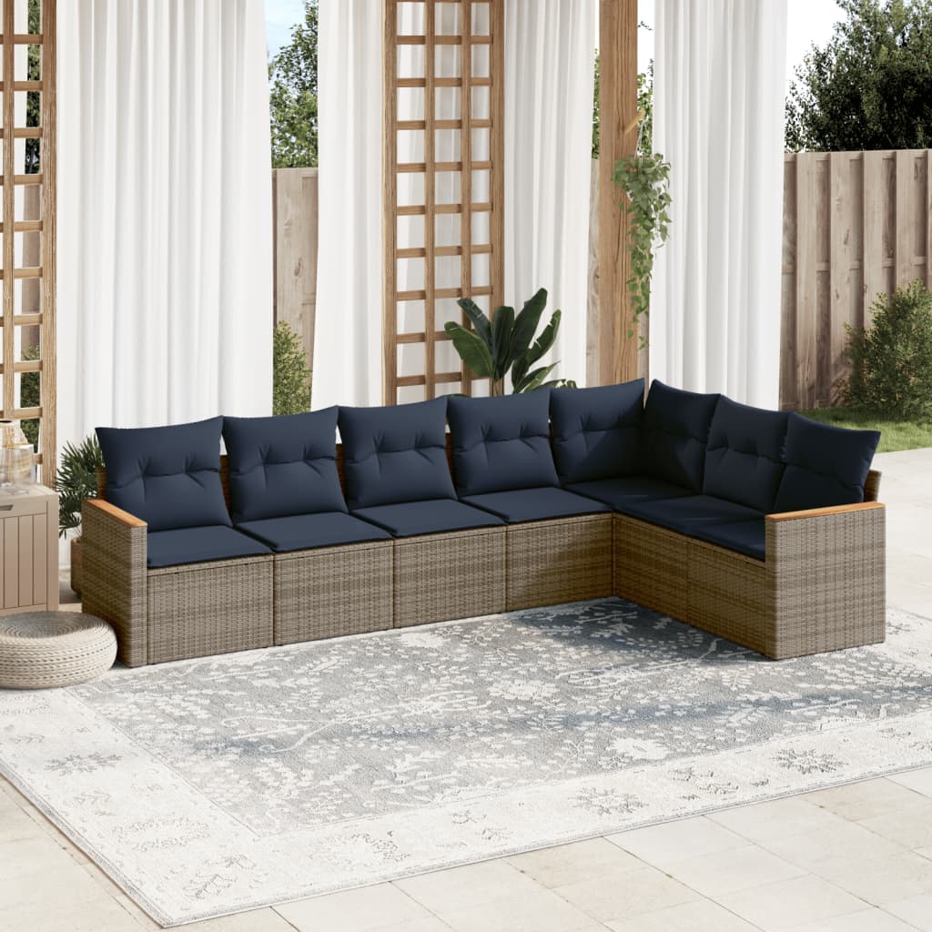 Set Modulare 7 pz Polyrattan Grigio con Cuscini Blu