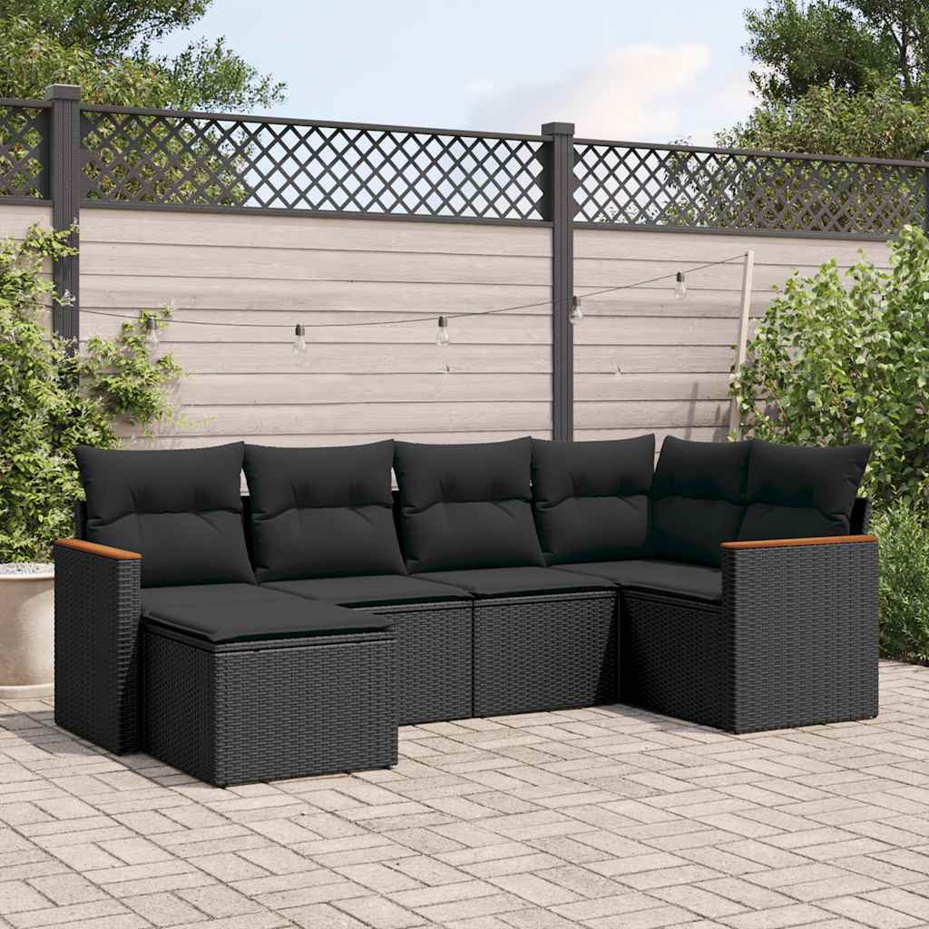Salotto da giardino 6 pz con cuscini neri in polyrattan