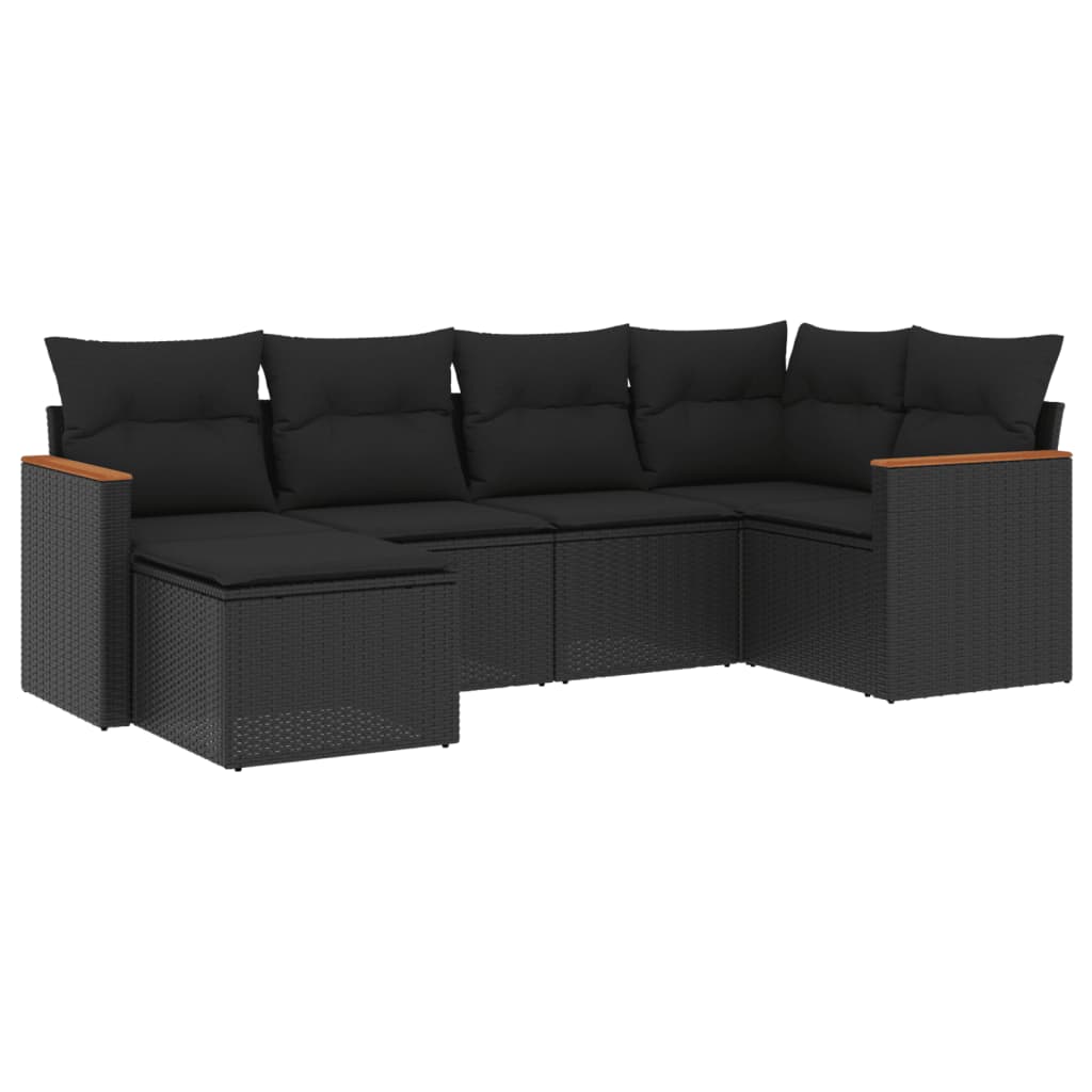 Salotto da giardino 6 pz con cuscini neri in polyrattan