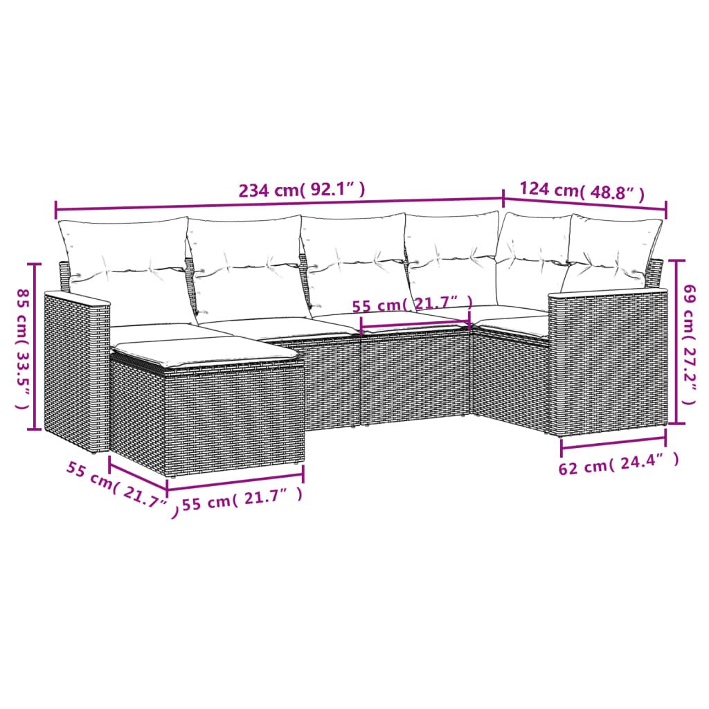 Salotto da giardino 6 pz nero in polyrattan con cuscini sfoderabili 2