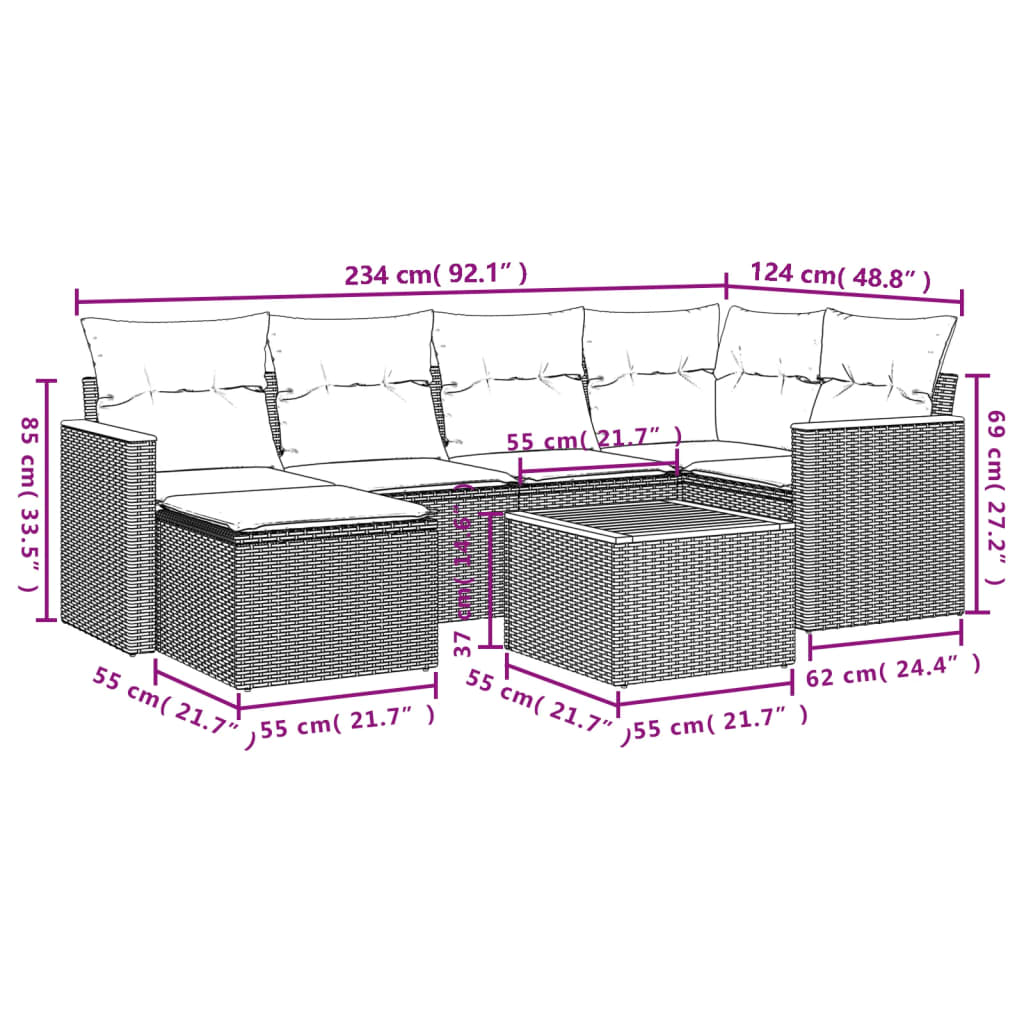 Salotto da Giardino 7 pz con Cuscini Nero Polyrattan