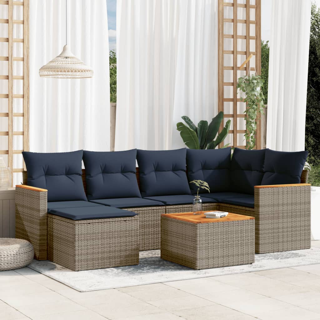 Set Giardino 7 pz Grigio Rattan PE con Cuscini Blu