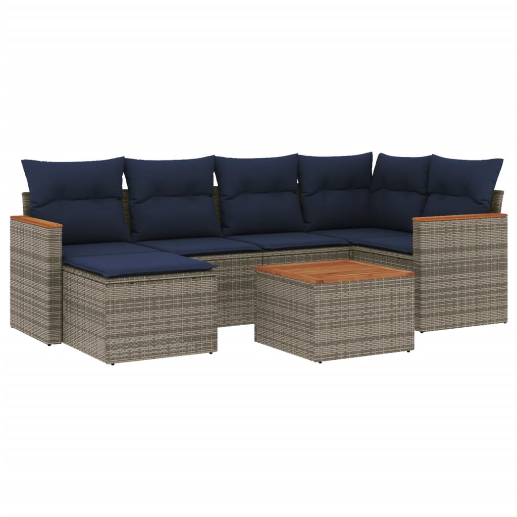 Set Giardino 7 pz Grigio Rattan PE con Cuscini Blu