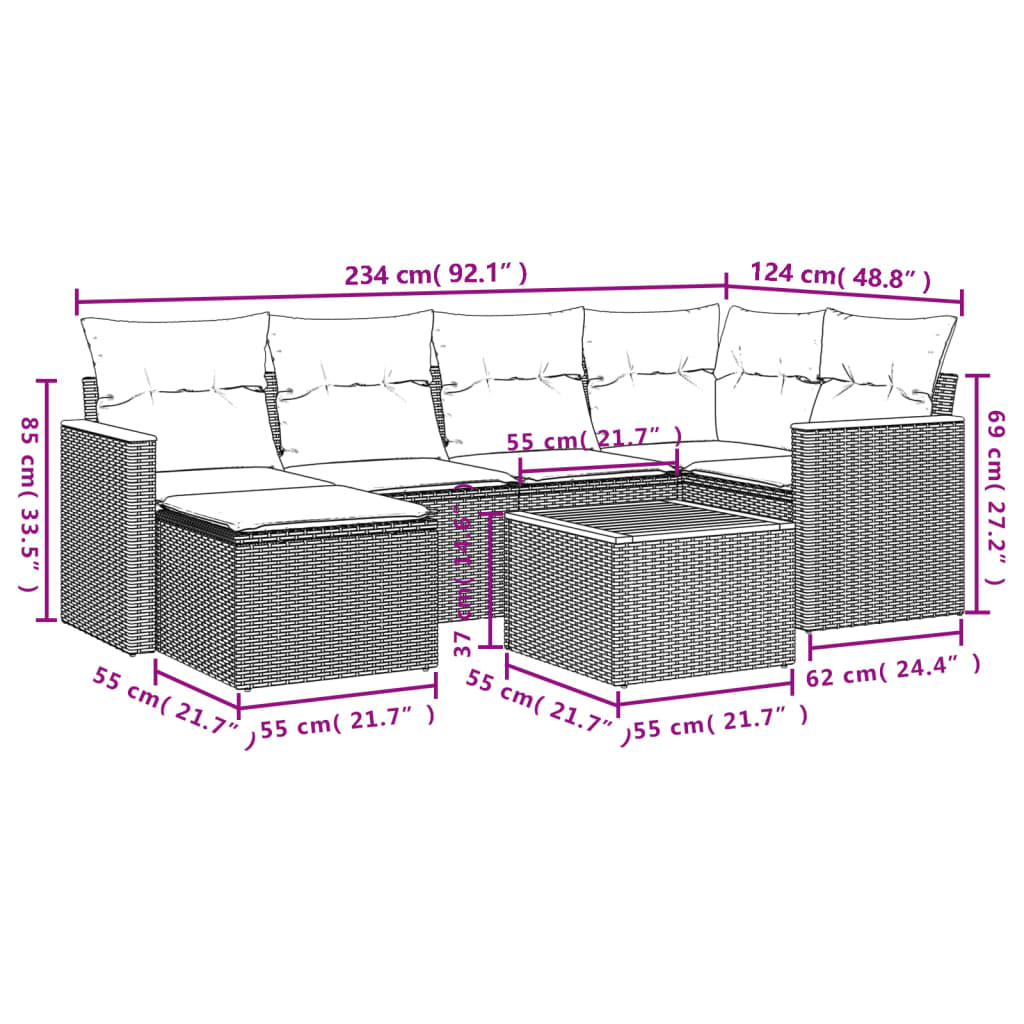 Set Giardino 7 pz Grigio Rattan PE con Cuscini Blu