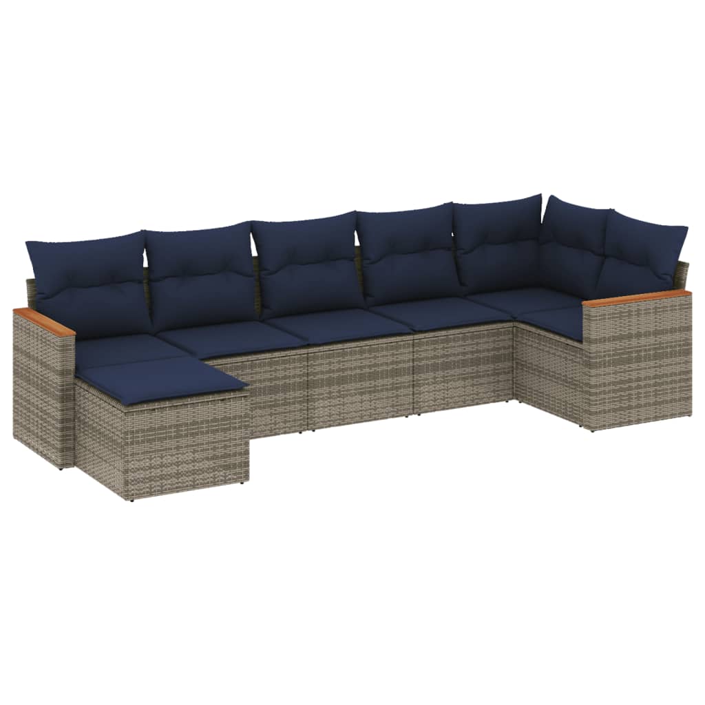 Set Salotto Giardino 7 pz Rattan PE Grigio, Cuscini Blu