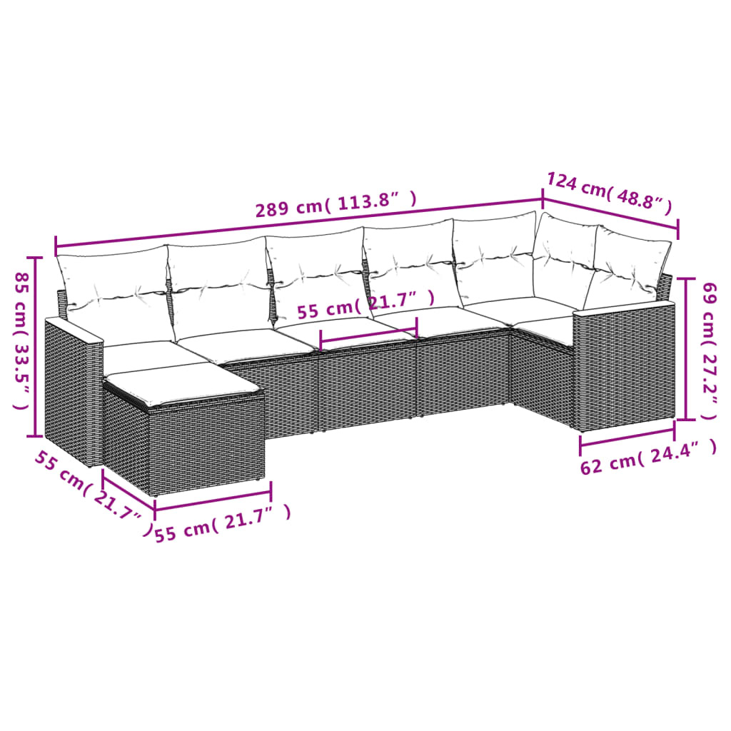 Set Salotto Giardino 7 pz Rattan PE Grigio, Cuscini Blu