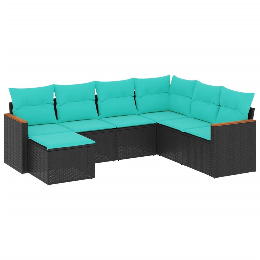 Set divani da esterno 7 pz in polyrattan nero con cuscini blu