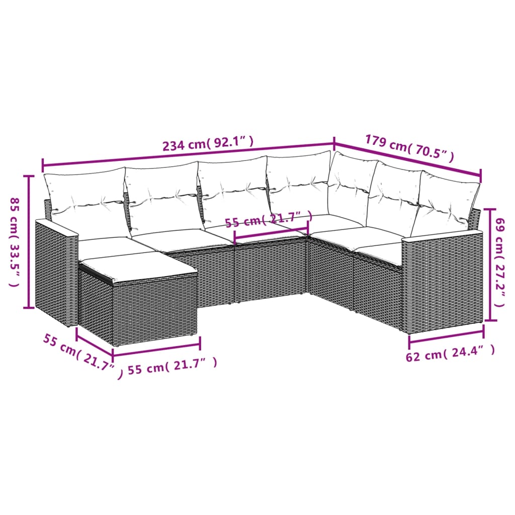 Set divani da esterno 7 pz in polyrattan nero con cuscini blu