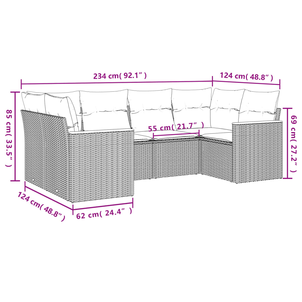 Set Divani da Giardino 6 pz con Cuscini Grigio in Polyrattan