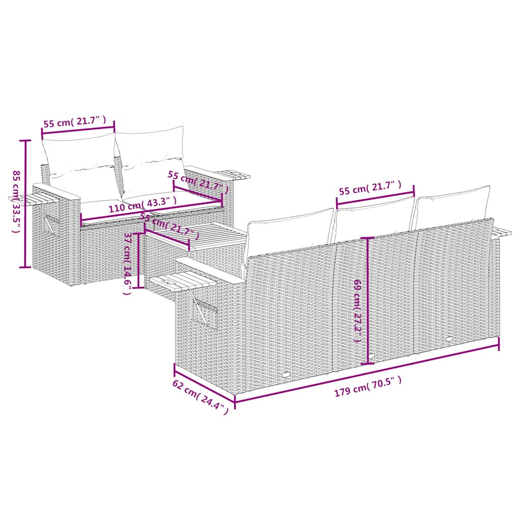 Set Divano da Giardino 6 pz con Cuscini Beige in Polyrattan