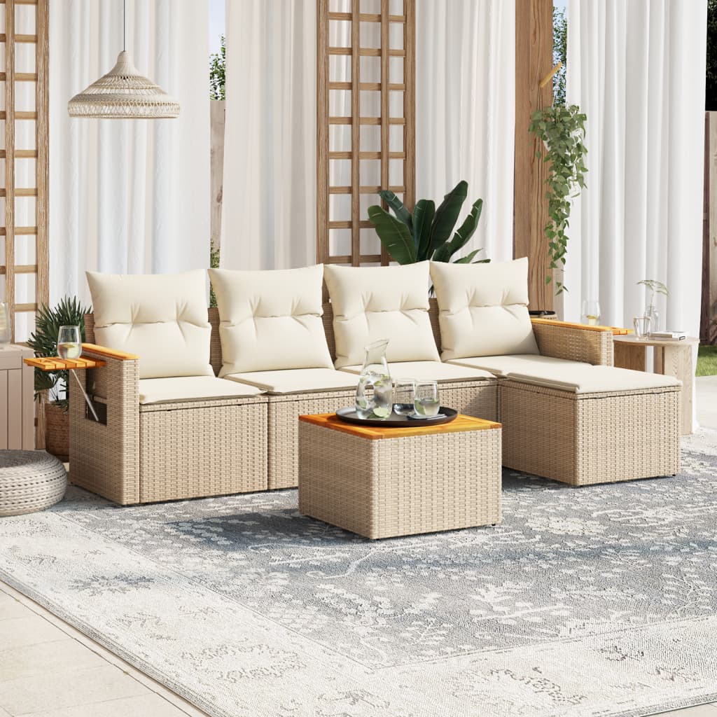 Set Divano da Giardino 6 pz con Cuscini Beige in Polyrattan