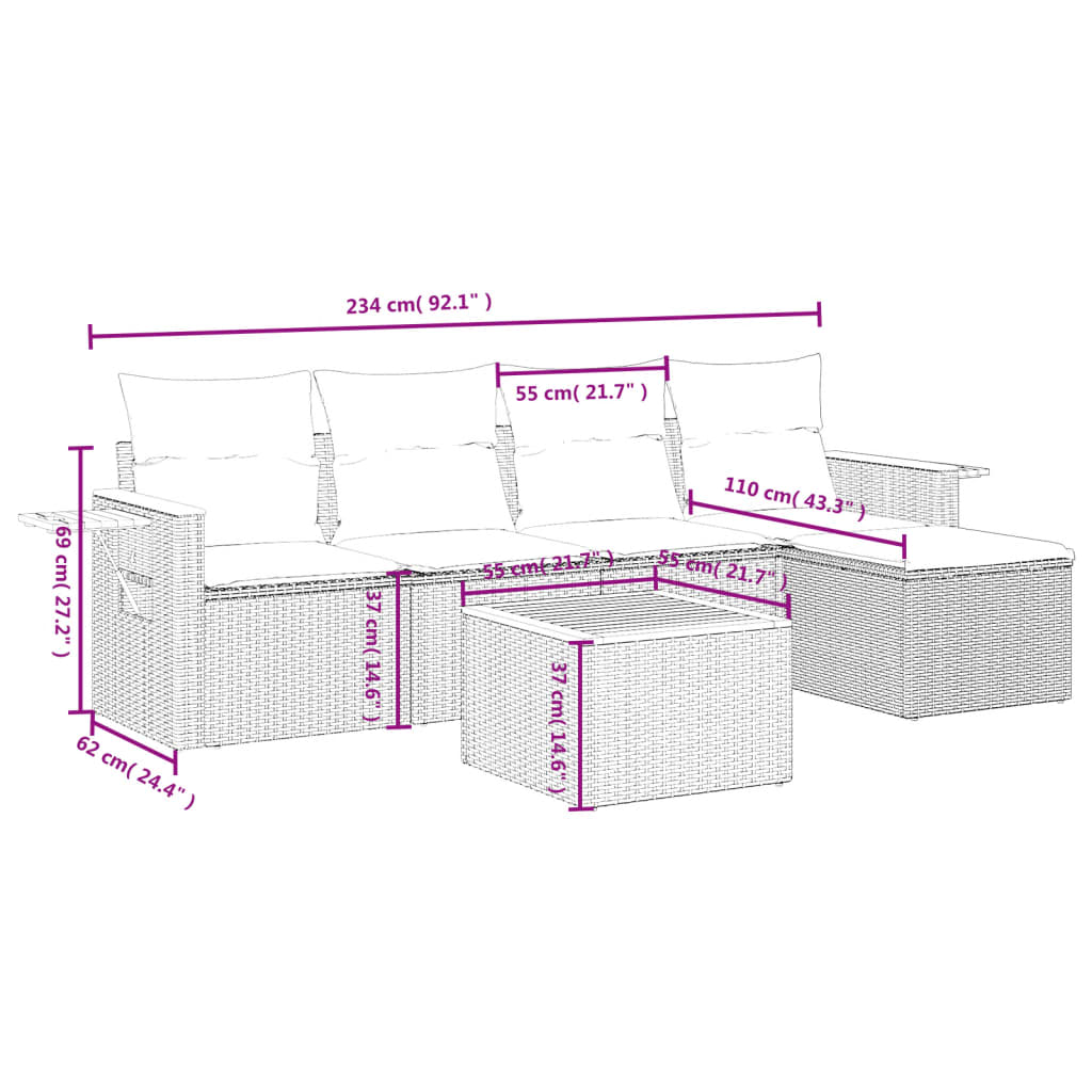 Set Divano da Giardino 6 pz con Cuscini Beige in Polyrattan