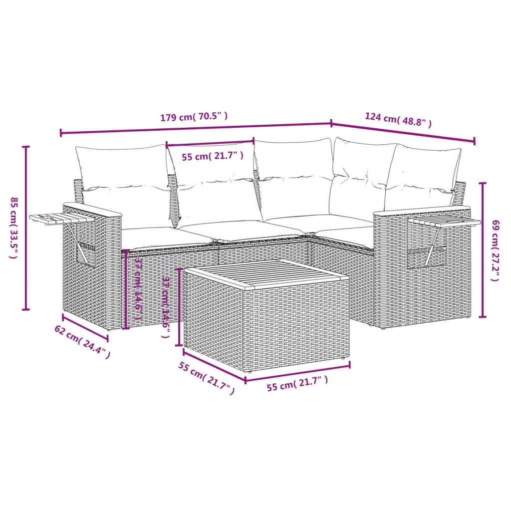 Set Divano da Giardino 5 pz con Cuscini Beige in Polyrattan