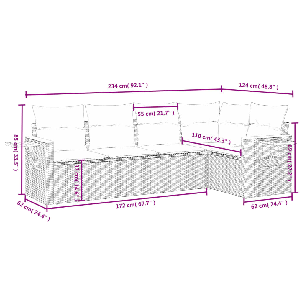 Set Divano da Giardino 5 pz con Cuscini Grigio in Polyrattan