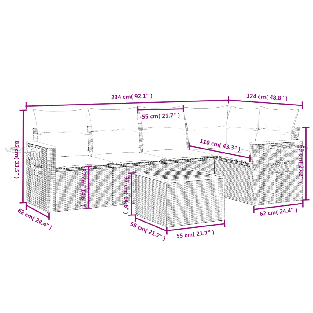 Set Divano da Giardino 6 pz con Cuscini Grigio in Polyrattan
