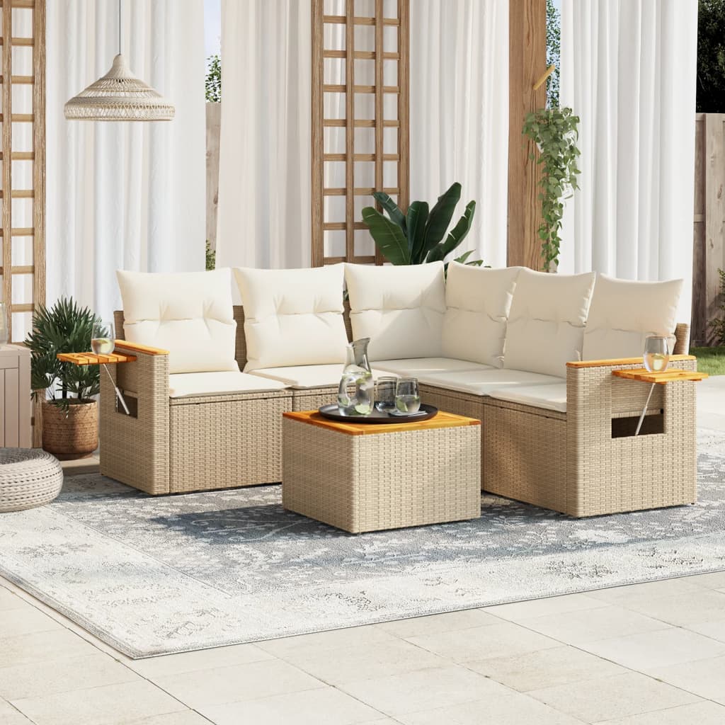 Set da Giardino 6 pz in Polyrattan Beige con Cuscini Sfoderabili
