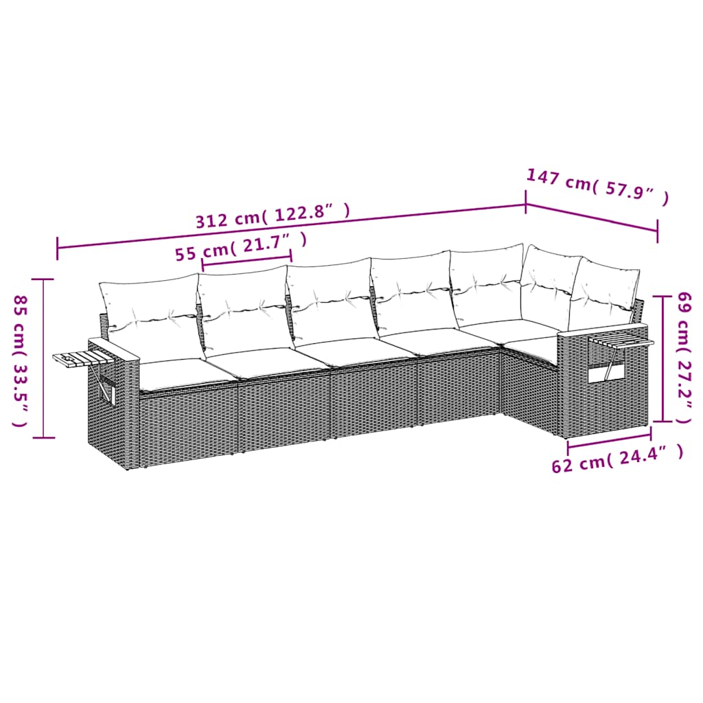 Salotto da giardino in polyrattan nero, 6 pezzi con cuscini 2