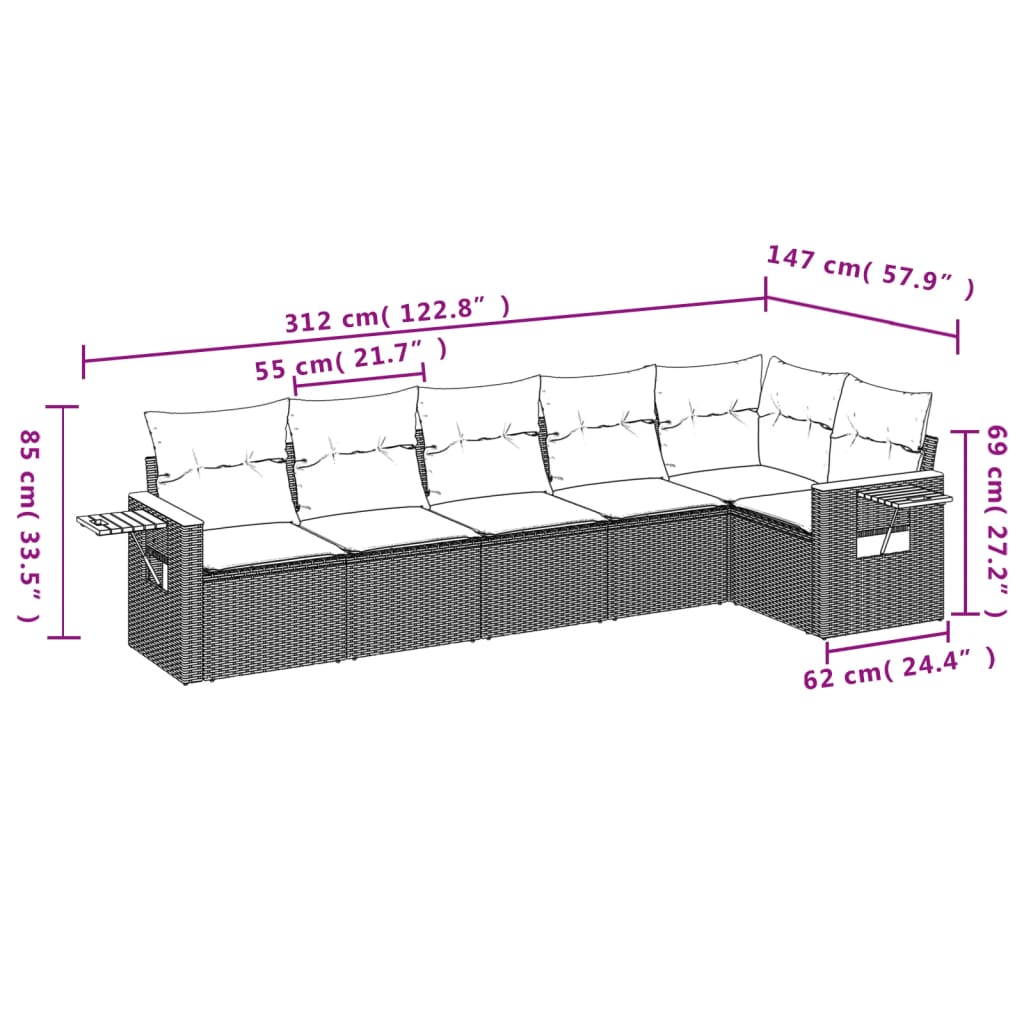Salotto da Giardino 6 pz in Polyrattan Nero e Cuscini Blu