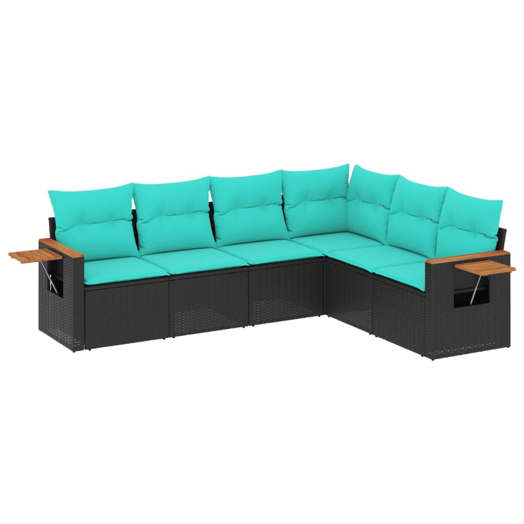 Salotto da giardino in polyrattan nero, 6 pz con cuscini blu